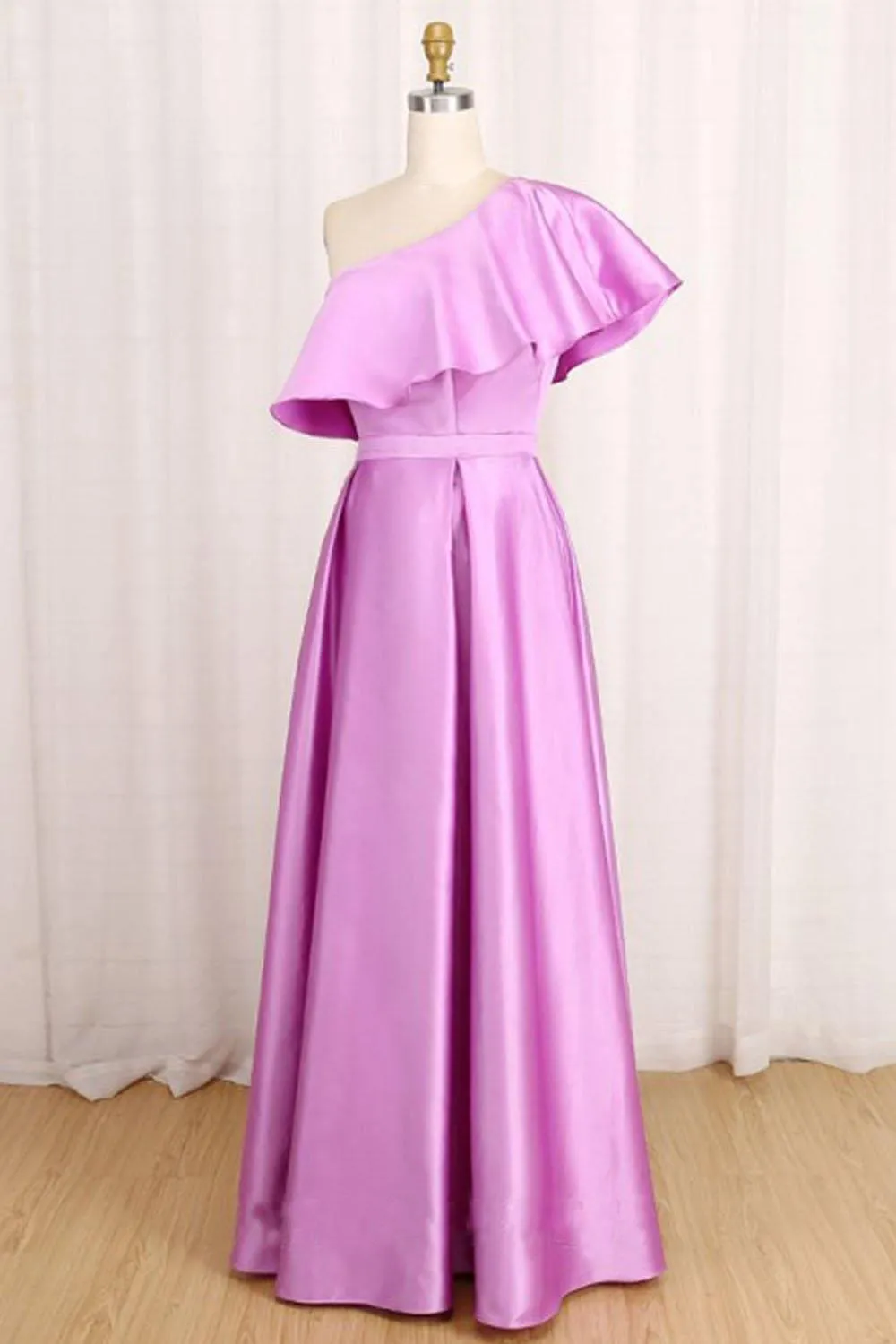 A-Line One-Shoulder Long Satin Prom Dress Party Dress with Ruffles PSK138