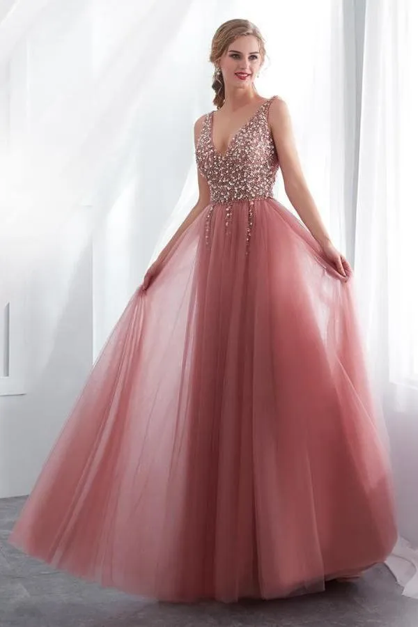 A-Line V-Neck Sleeveless Sweep Train Prom/Formal Dress with Beading PG791