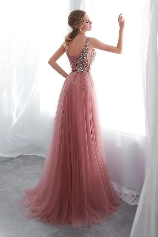 A-Line V-Neck Sleeveless Sweep Train Prom/Formal Dress with Beading PG791