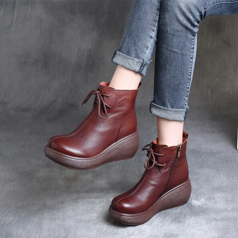 Autumn Winter Retro Leather Comfortable Wedge Boots