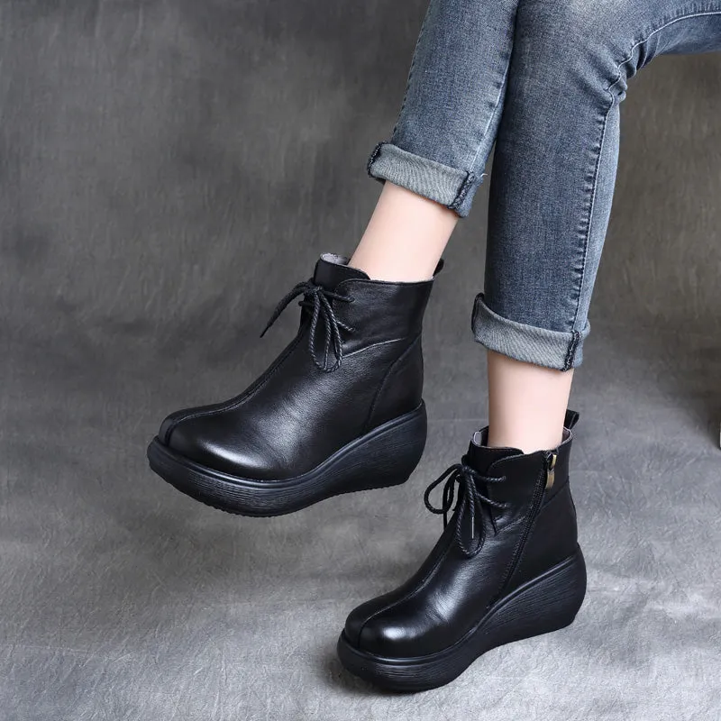 Autumn Winter Retro Leather Comfortable Wedge Boots