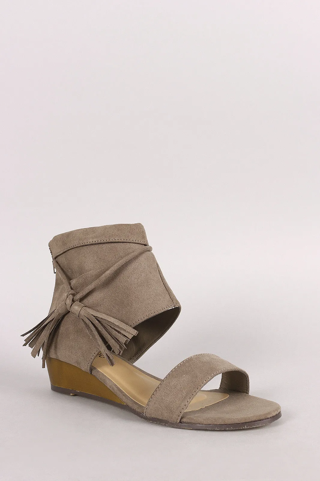 Bamboo Suede Tassel Ruched Ankle Cuff Wedge Sandal