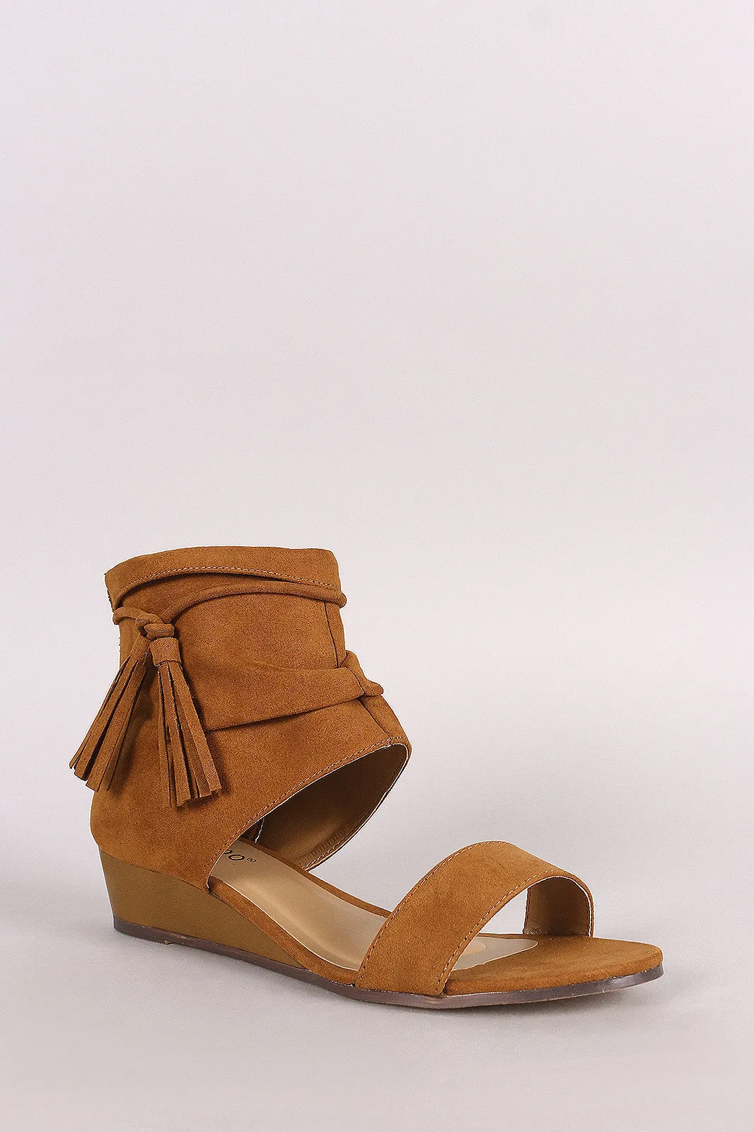 Bamboo Suede Tassel Ruched Ankle Cuff Wedge Sandal