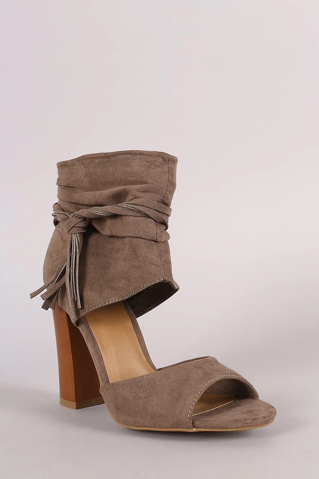 Bamboo Tassel Ruched Ankle Cuff Chunky Heel