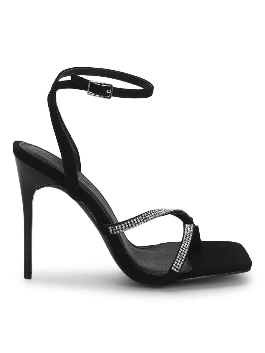 Black Micro Diamante Stilettos With Slim Straps