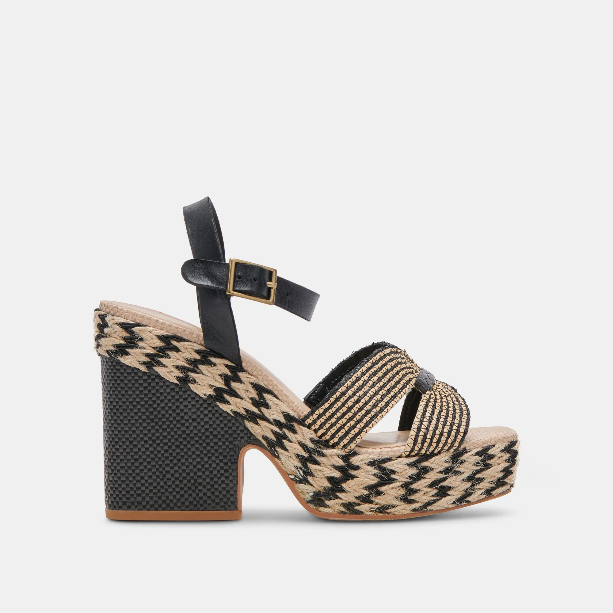 CALE HEELS BLACK NATURAL RAFFIA