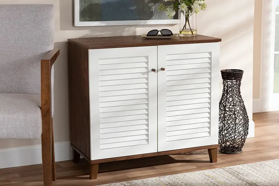 Clevedon White/Walnut Finished 4-Shelf Wood Shoe Storage Cabinet