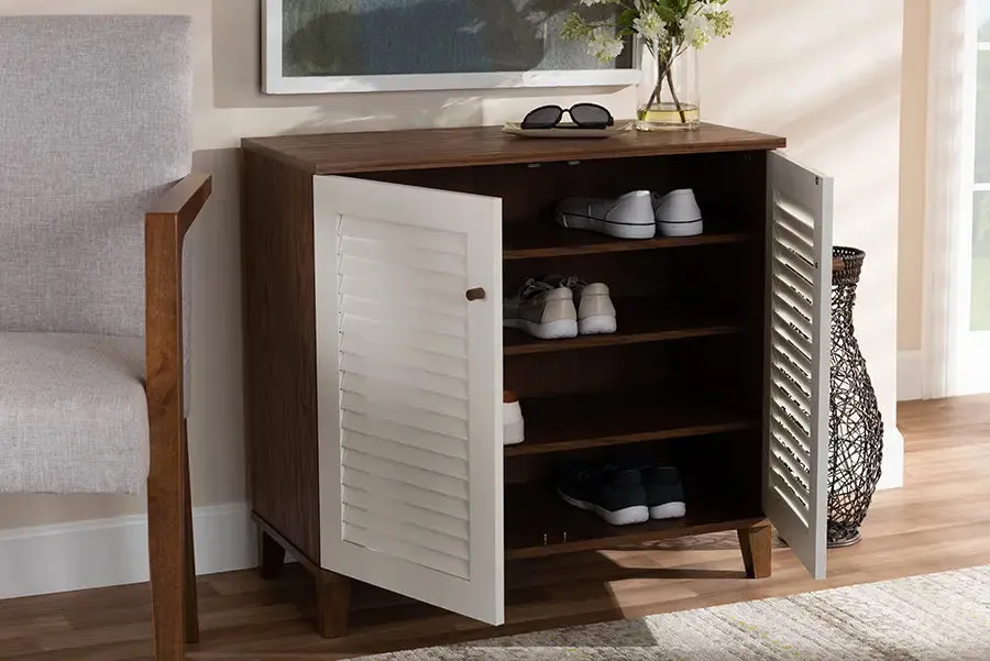 Clevedon White/Walnut Finished 4-Shelf Wood Shoe Storage Cabinet