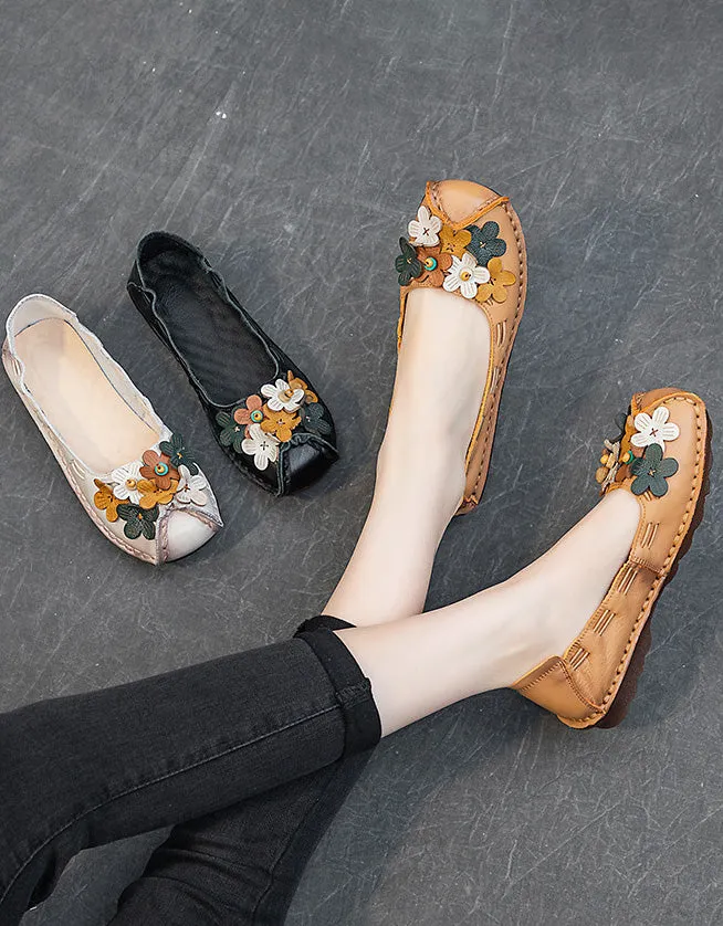 Flowers Rounded Head Soft Leather Comfortable Flats 41