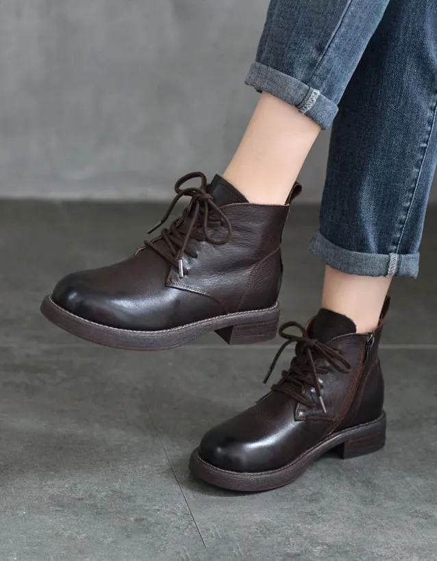 Handmade Comfortable Leather Retro Lace-up Flat Boots