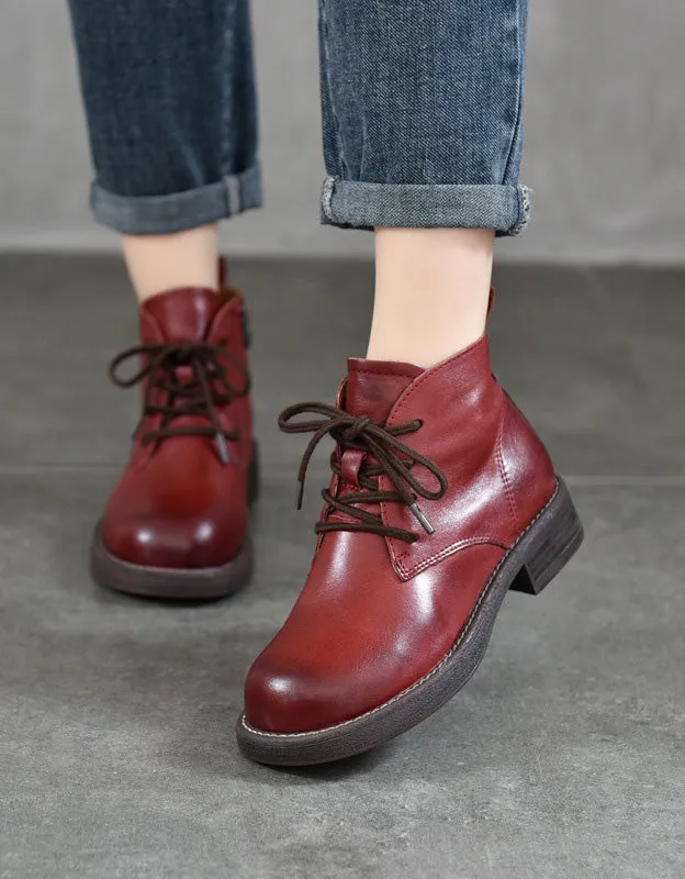 Handmade Comfortable Leather Retro Lace-up Flat Boots