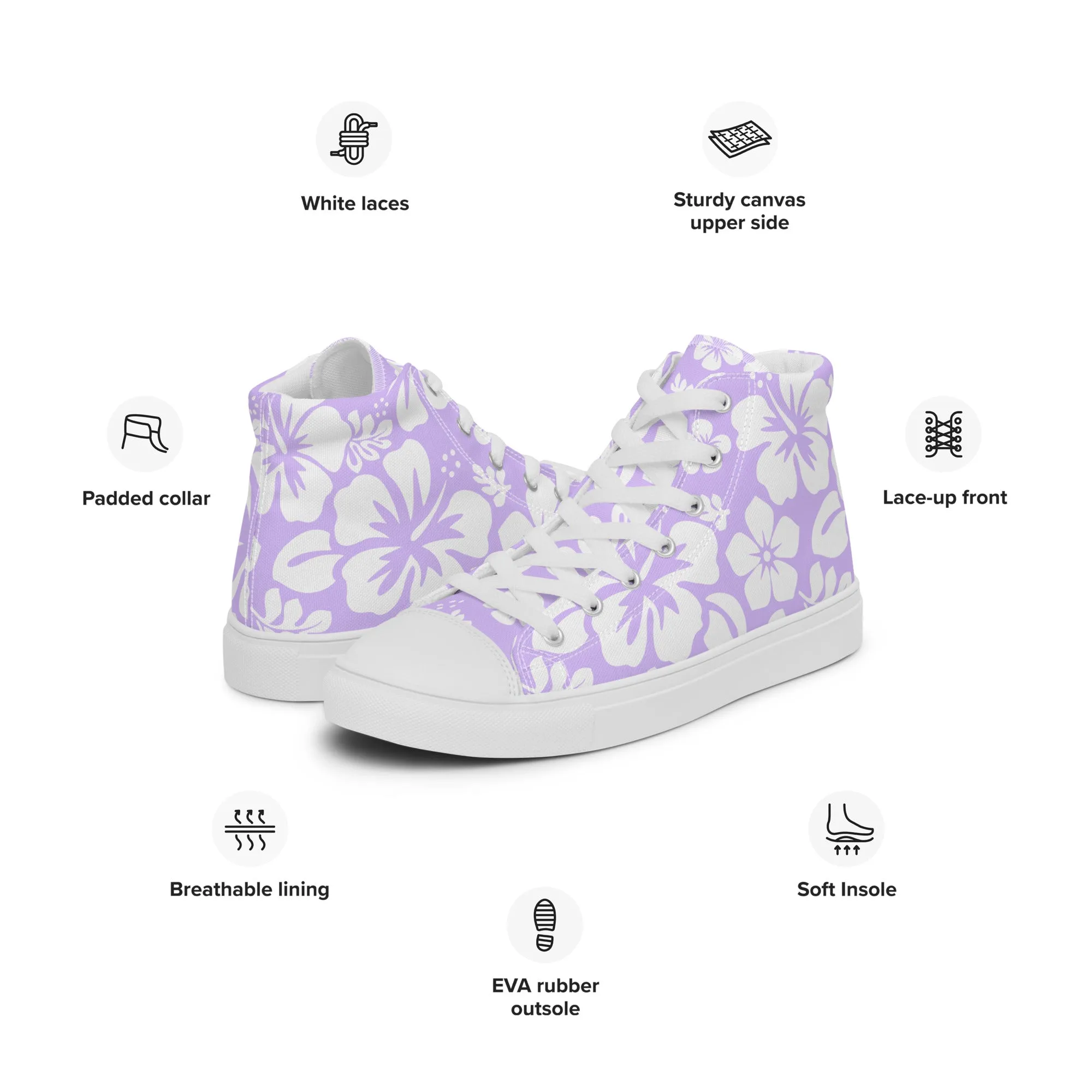 Mens Lavender and White Hawaiian Flowers High Top Shoes