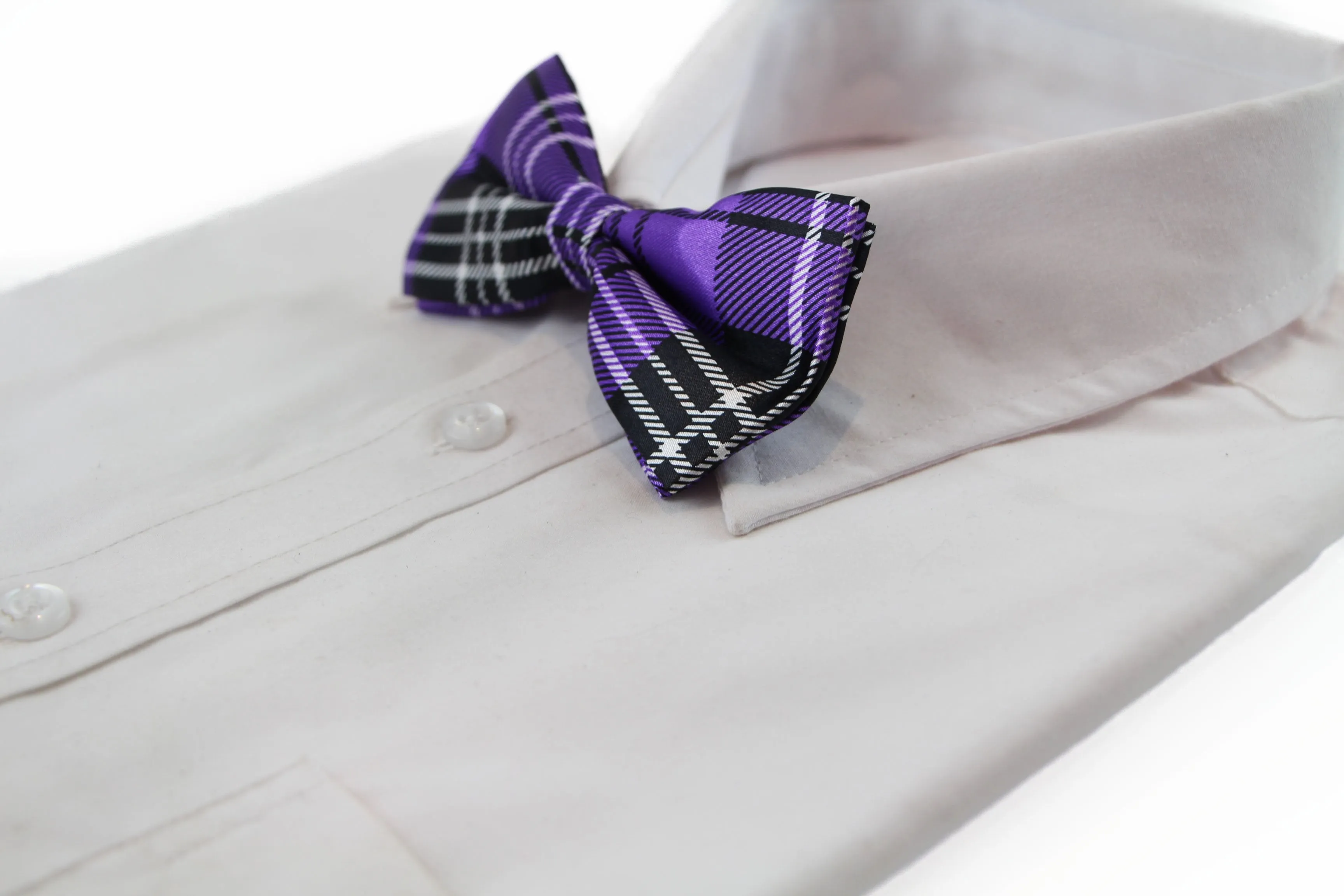 Mens Purple & Black Plaid Patterned Bow Tie