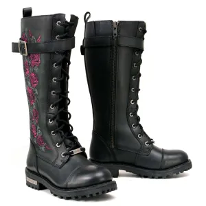 Milwaukee Leather MBL9356 Women's Black 14” Tall Motorcycle Boots Lace-Up High-Rise Pink Embroidered Leather Shoe