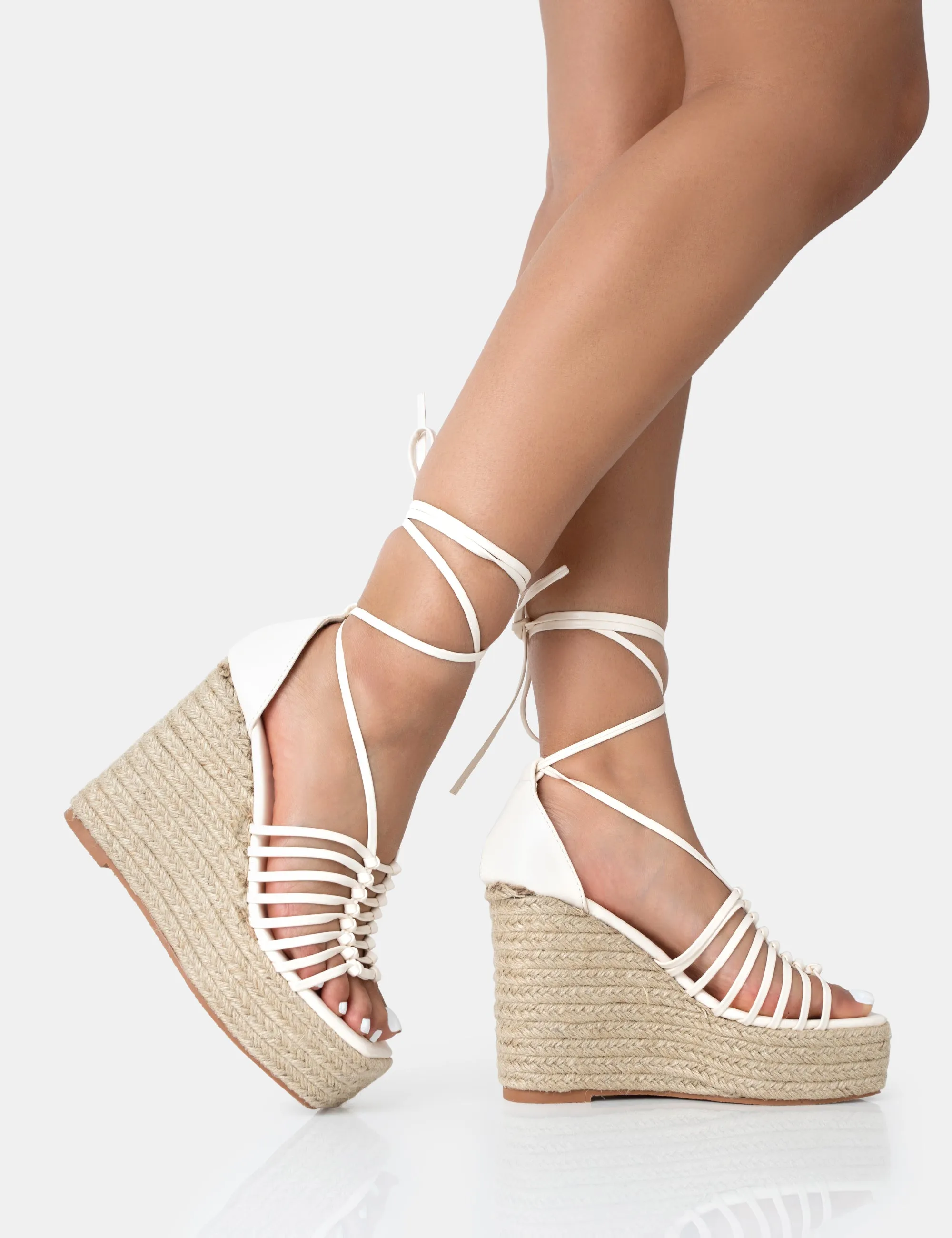 Reece Wide Fit Ecru Pu Knot Strap Lace Up Raffia Wedge Heels