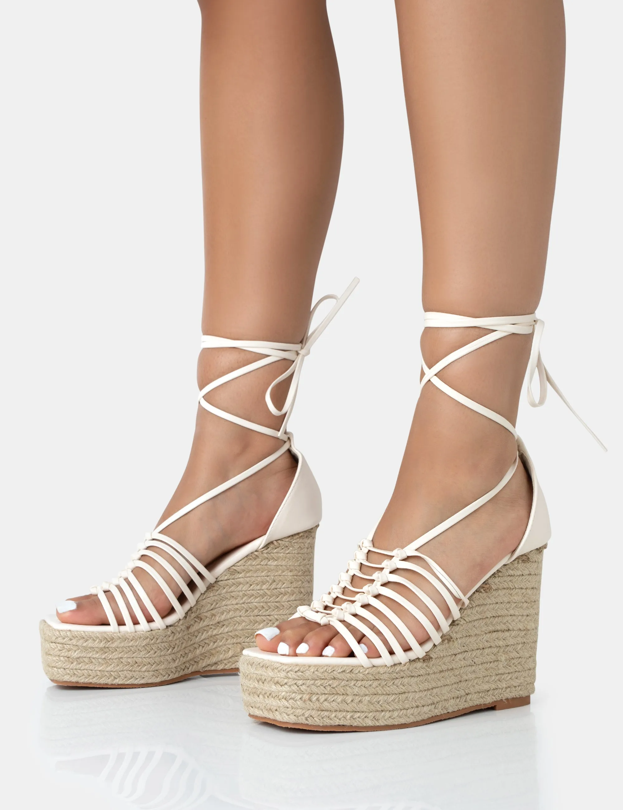 Reece Wide Fit Ecru Pu Knot Strap Lace Up Raffia Wedge Heels