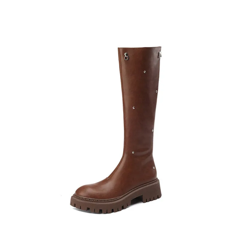 Rivet Riding Boots for Women in Black/Brown Leather - Chunky Sole Tall Boots