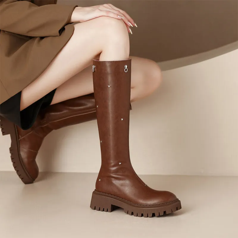 Rivet Riding Boots for Women in Black/Brown Leather - Chunky Sole Tall Boots