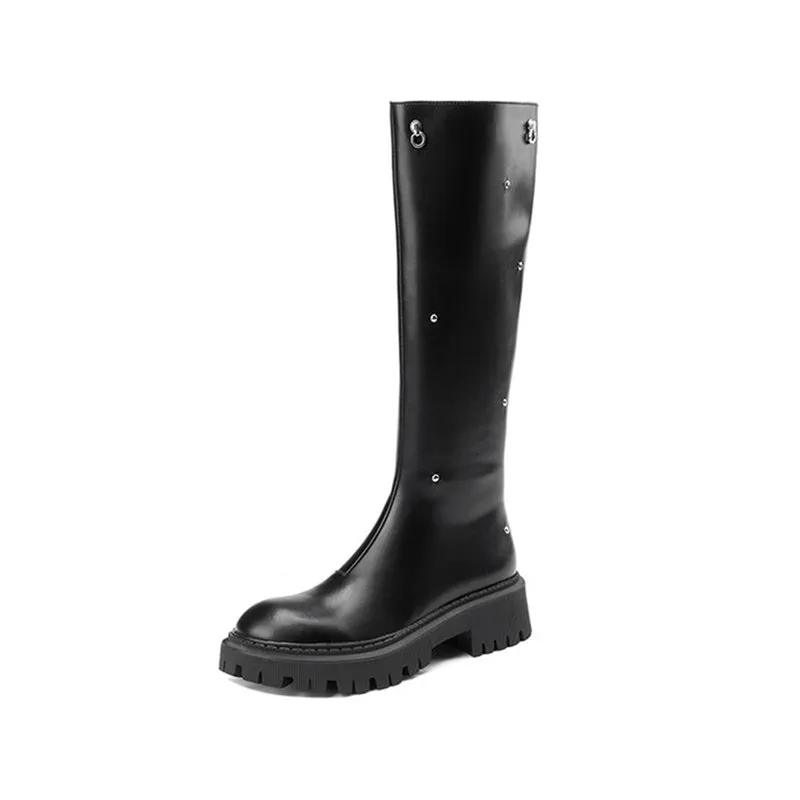 Rivet Riding Boots for Women in Black/Brown Leather - Chunky Sole Tall Boots