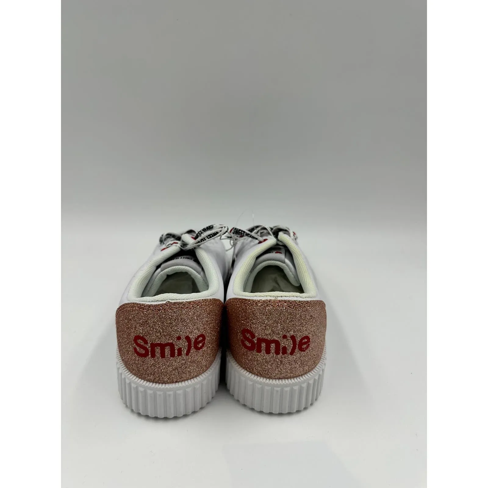 Small Kid Size 11 White Fashion Sneaker, Leather with Straps and Rose Gold Accents