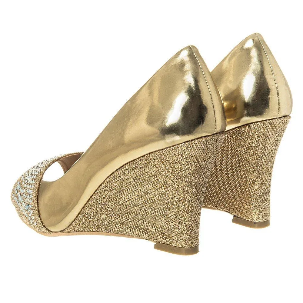 Sofia Medium Heel Open Toe Diamante Wedge Shoe