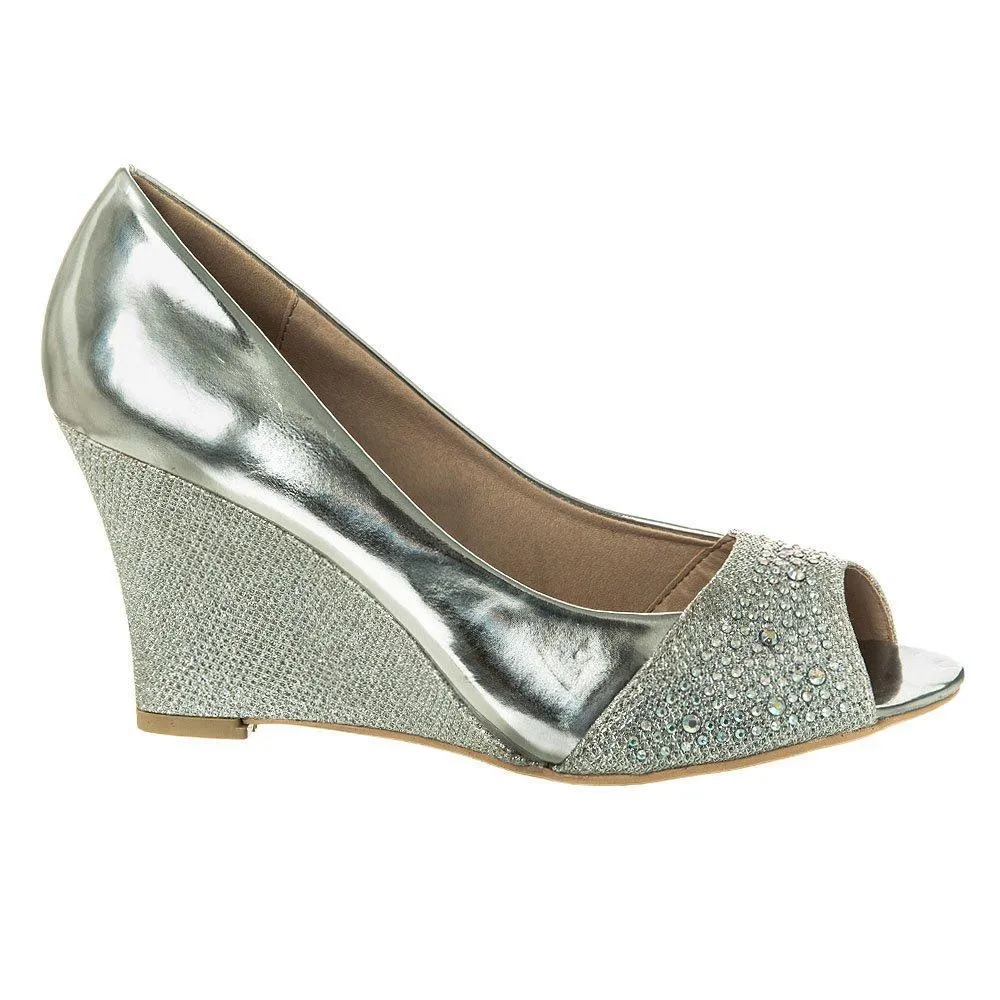 Sofia Medium Heel Open Toe Diamante Wedge Shoe