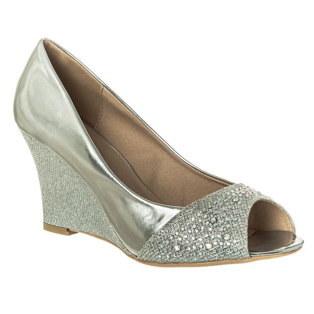 Sofia Medium Heel Open Toe Diamante Wedge Shoe