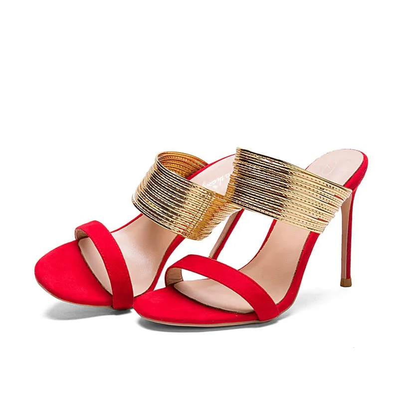 Summer Fashion High Heel Shoes Open Toe Gold Leather Cutouts Thin Heels Sandals Black Nude Red Shoes