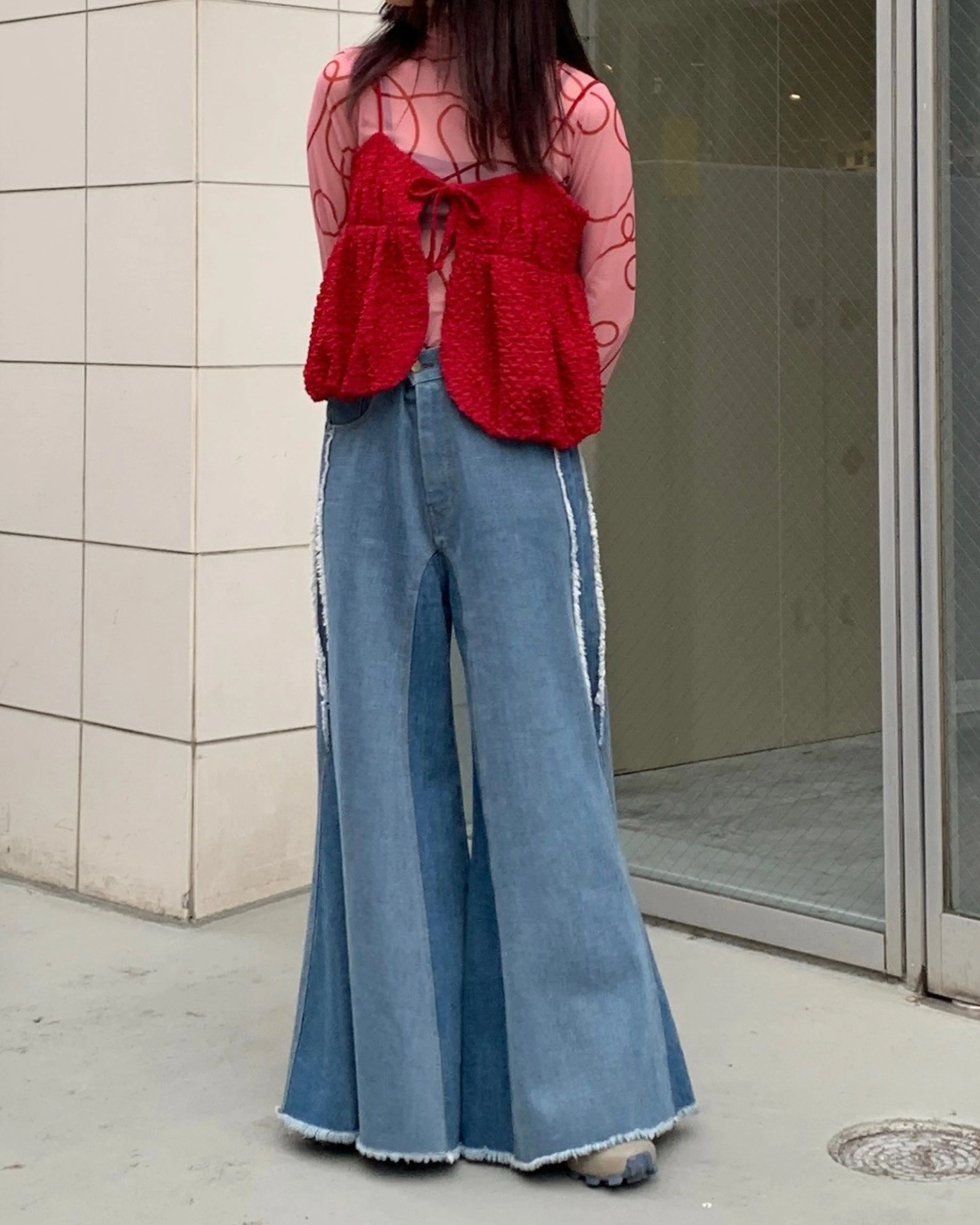 uneune see-through high neck tops (pink×red)