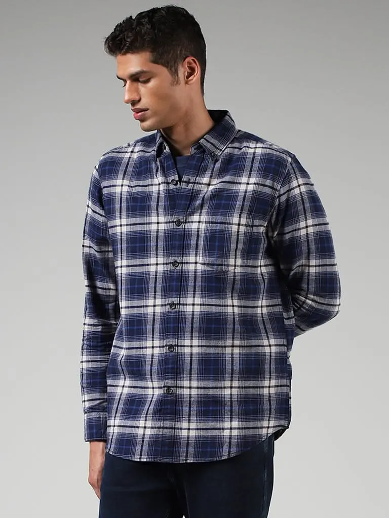 WES Casuals Dark Blue Checked Cotton Slim-Fit Shirt