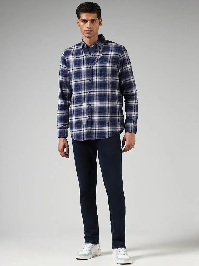 WES Casuals Dark Blue Checked Cotton Slim-Fit Shirt