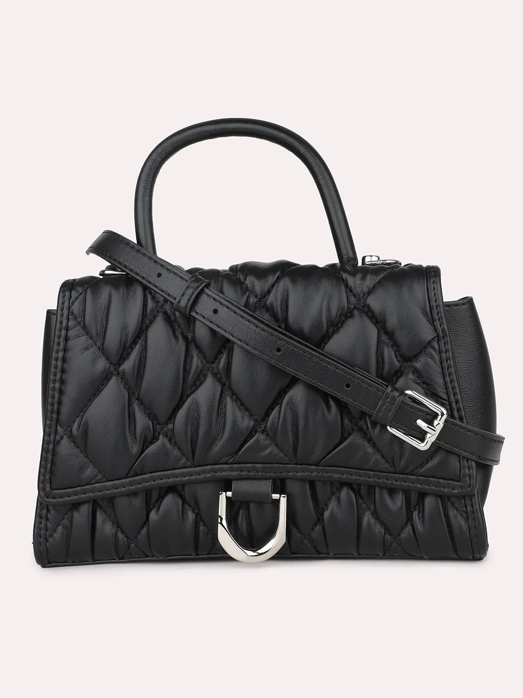 Women Black Quilted Textured Structured Handheld Bag with Sling