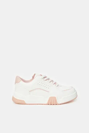 Women White Court Sneakers With Pink Lace