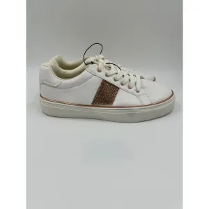 Women's Size 6, White Synthetic Leather Casual Sneaker with Gold Sparkle Design